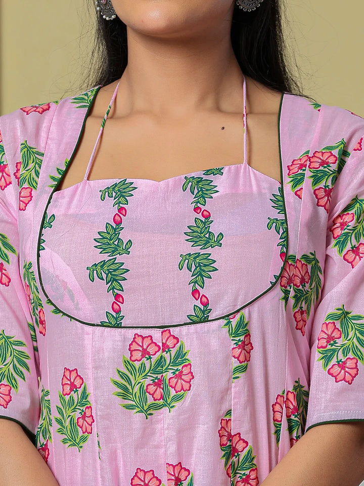 Pink Cotton Kalidaar Style Kurta Pant Dupatta Set