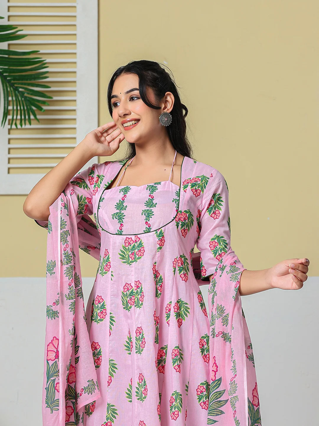 Pink Cotton Kalidaar Style Kurta Pant Dupatta Set