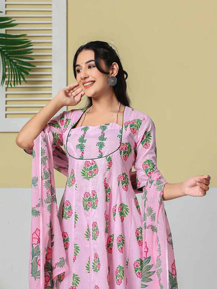 Pink Cotton Kalidaar Style Kurta Pant Dupatta Set