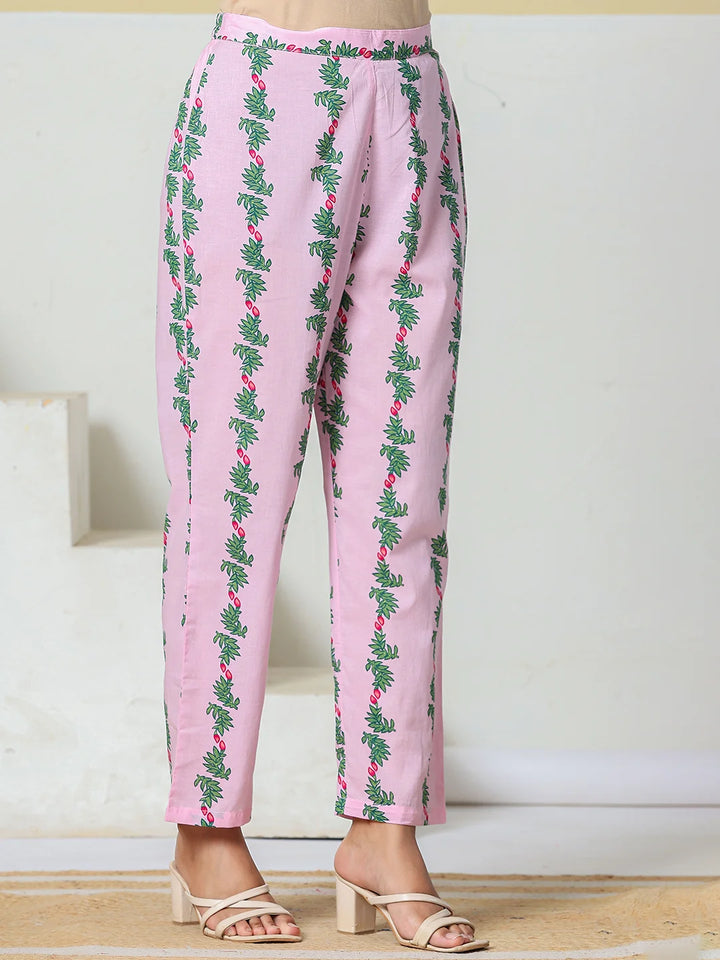Pink Cotton Kalidaar Style Kurta Pant Dupatta Set
