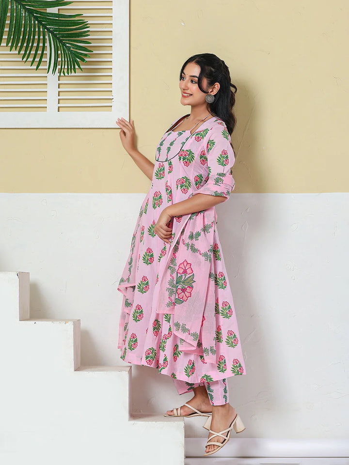 Pink Cotton Kalidaar Style Kurta Pant Dupatta Set