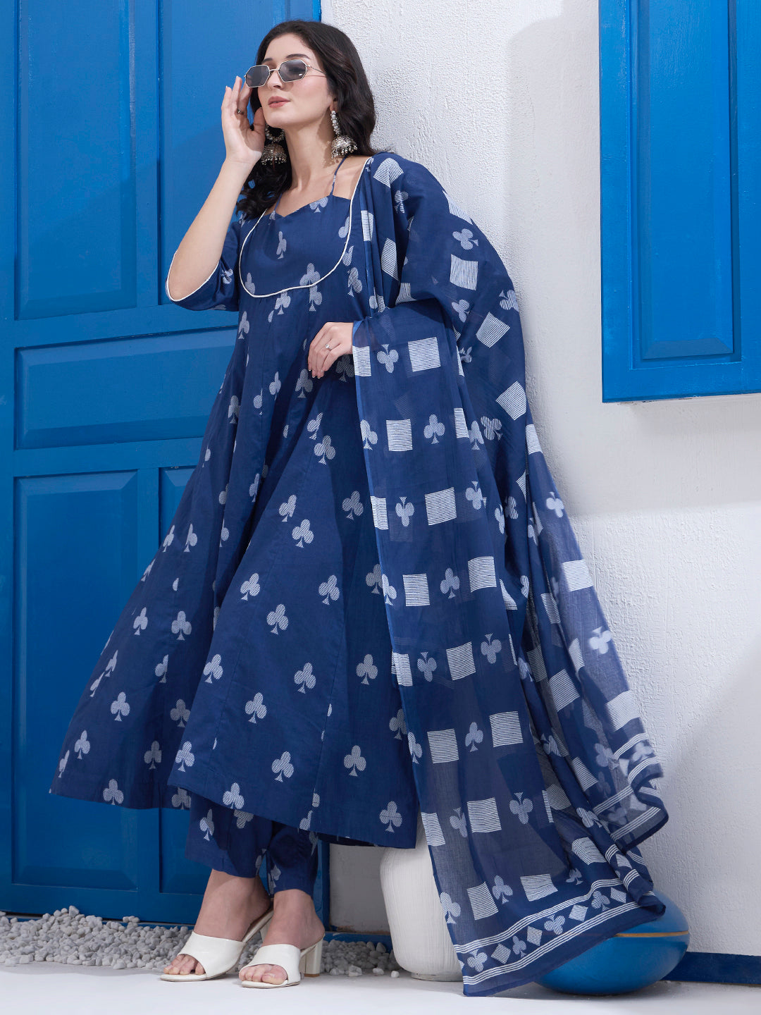Navy Blue Cotton Kalidaar Style Kurta Pant Dupatta Set