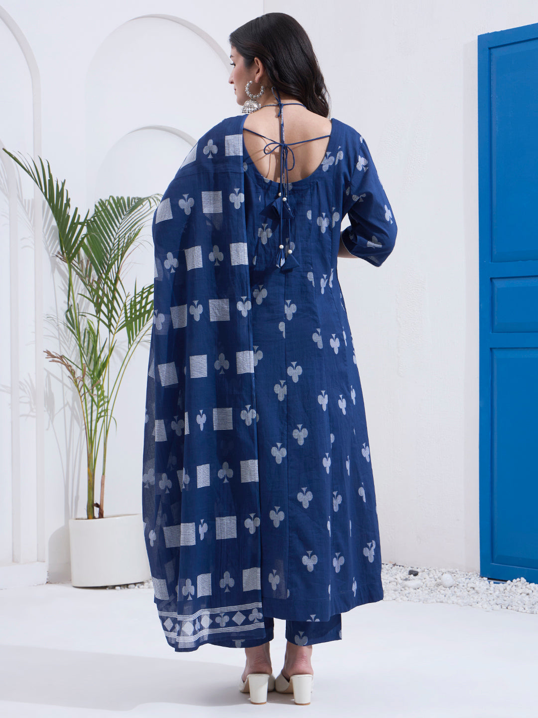 Navy Blue Cotton Kalidaar Style Kurta Pant Dupatta Set