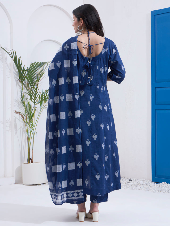 Navy Blue Cotton Kalidaar Style Kurta Pant Dupatta Set