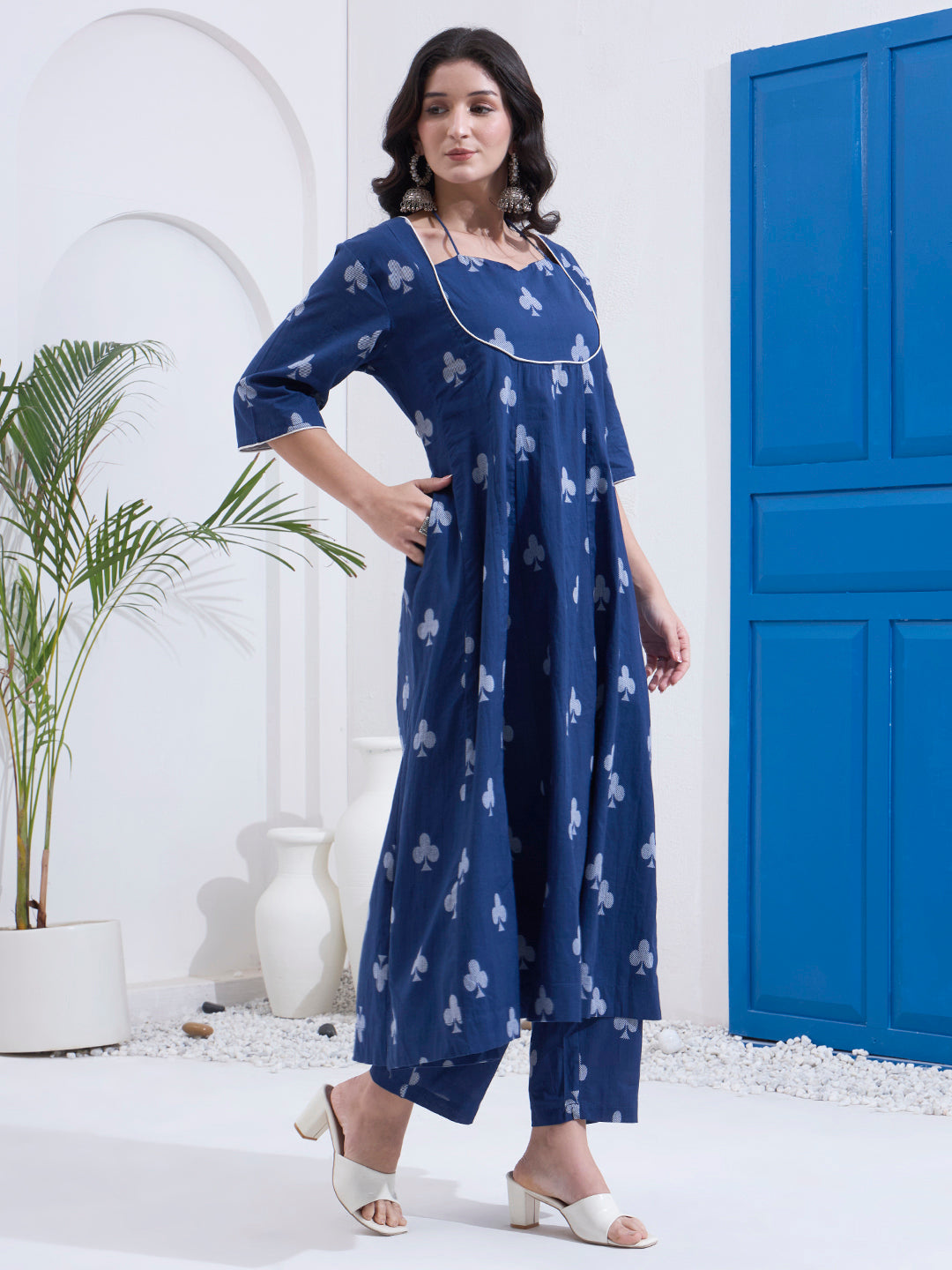 Navy Blue Cotton Kalidaar Style Kurta Pant Dupatta Set