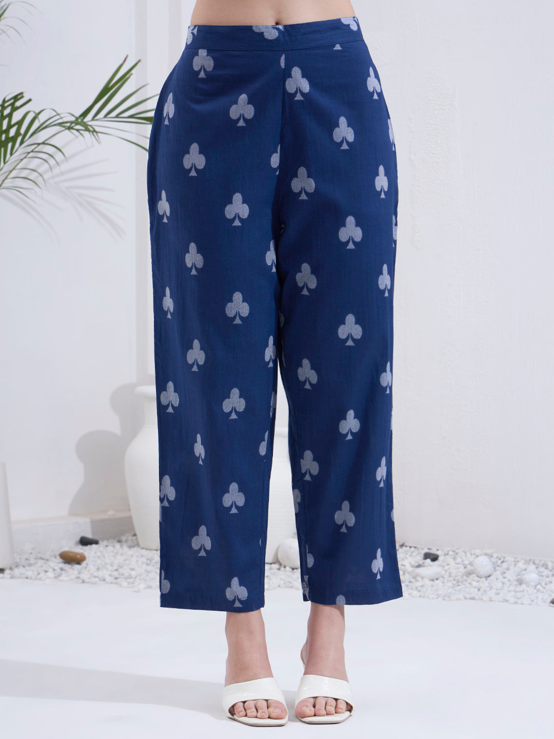 Navy Blue Cotton Kalidaar Style Kurta Pant Dupatta Set