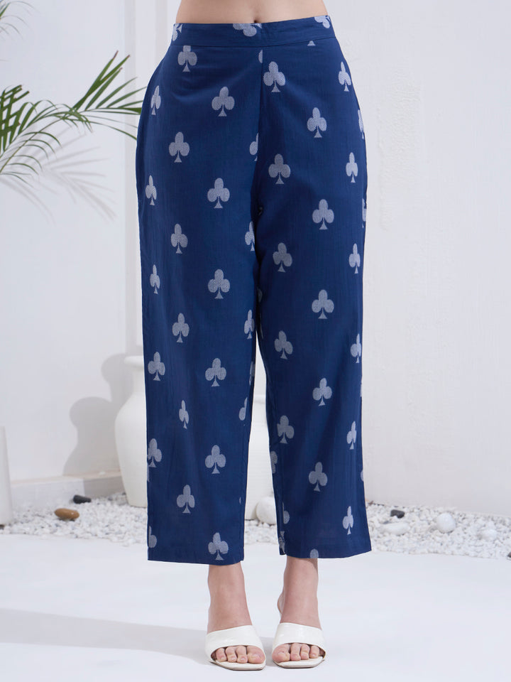 Navy Blue Cotton Kalidaar Style Kurta Pant Dupatta Set
