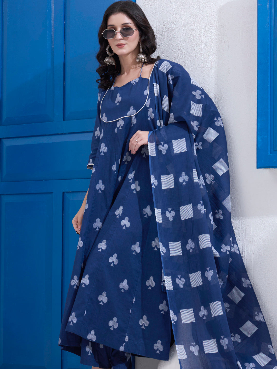 Navy Blue Cotton Kalidaar Style Kurta Pant Dupatta Set