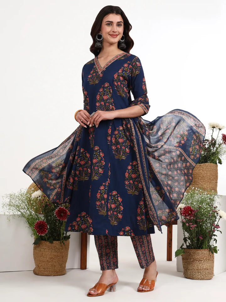 Navy Blue Cotton Kalidaar Style Kurta Pant Dupatta Set