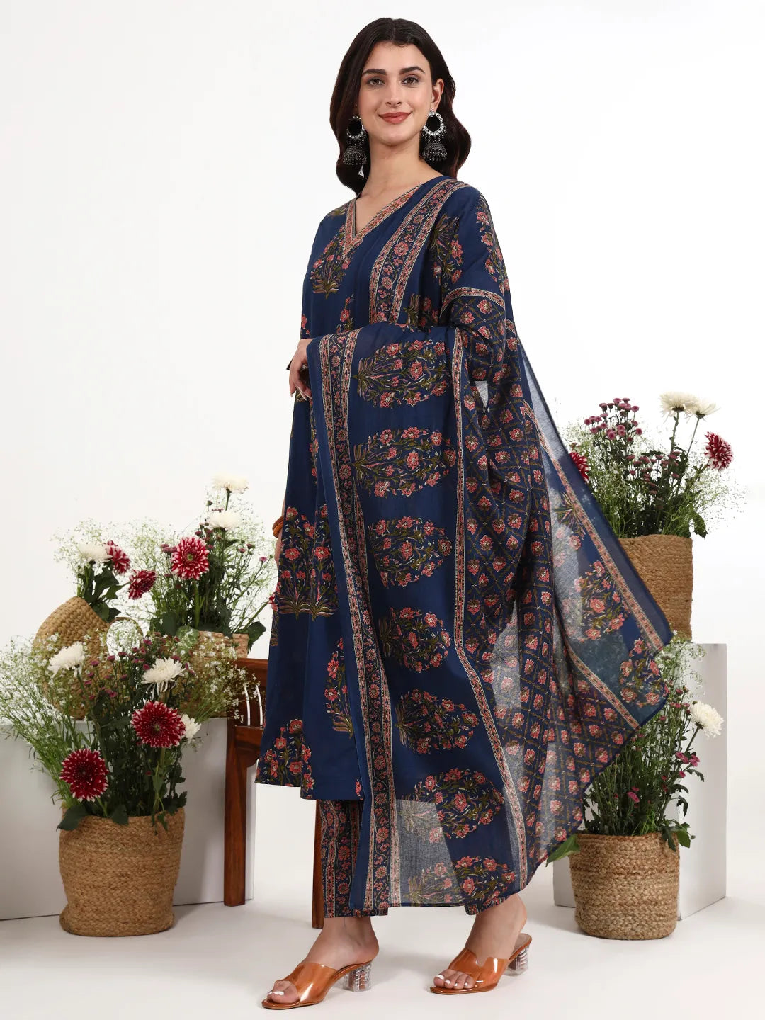 Navy Blue Cotton Kalidaar Style Kurta Pant Dupatta Set