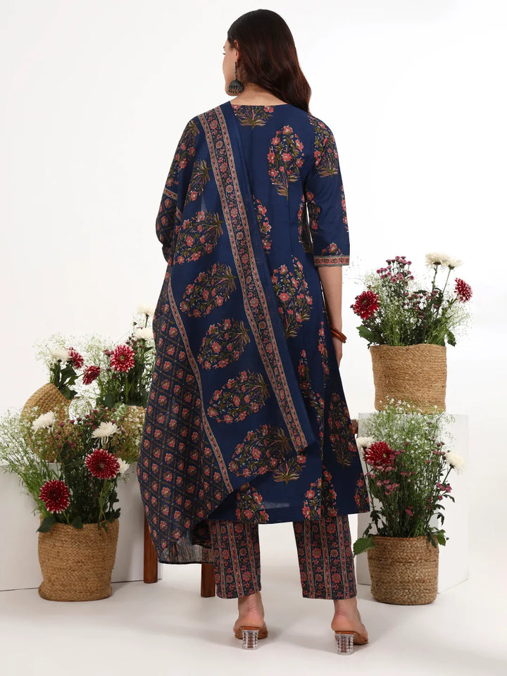 Navy Blue Cotton Kalidaar Style Kurta Pant Dupatta Set