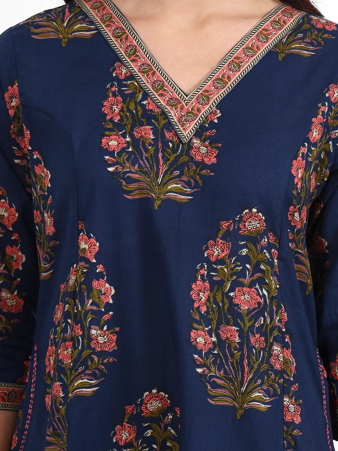 Navy Blue Cotton Kalidaar Style Kurta Pant Dupatta Set