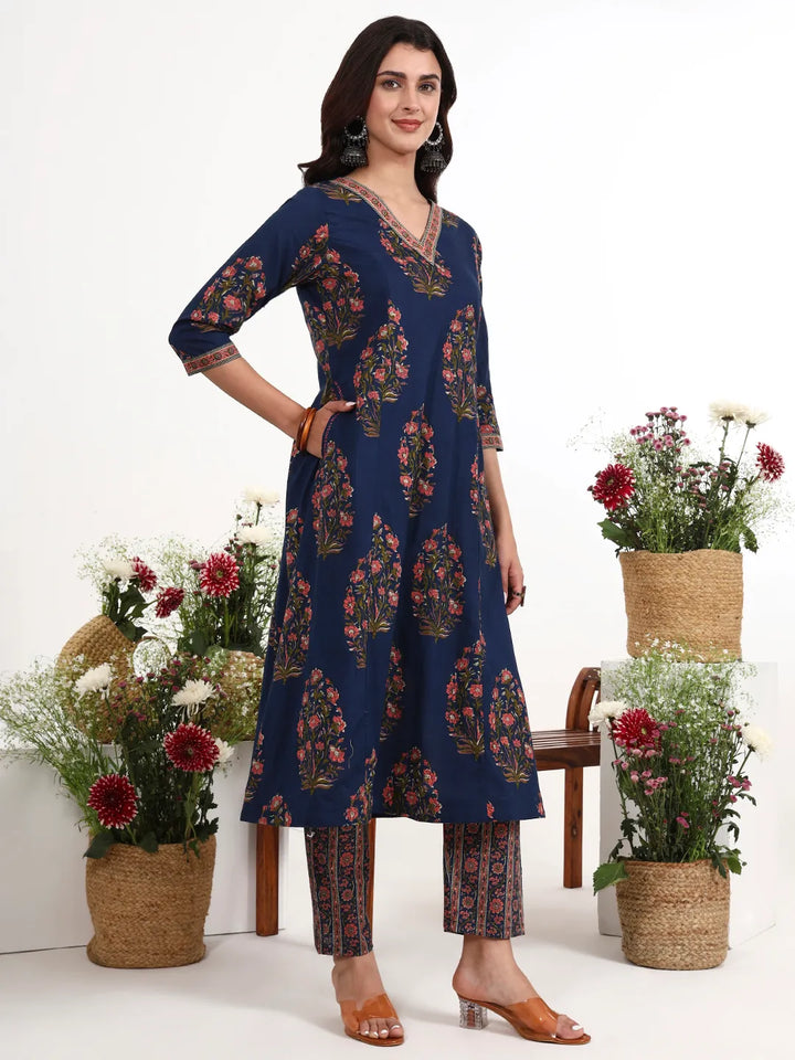 Navy Blue Cotton Kalidaar Style Kurta Pant Dupatta Set