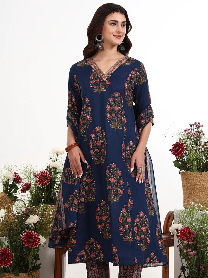 Navy Blue Cotton Kalidaar Style Kurta Pant Dupatta Set