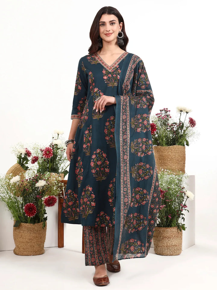 Teal Blue Cotton Kalidaar Style Kurta Pant Dupatta Set