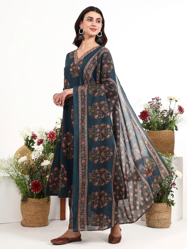 Teal Blue Cotton Kalidaar Style Kurta Pant Dupatta Set