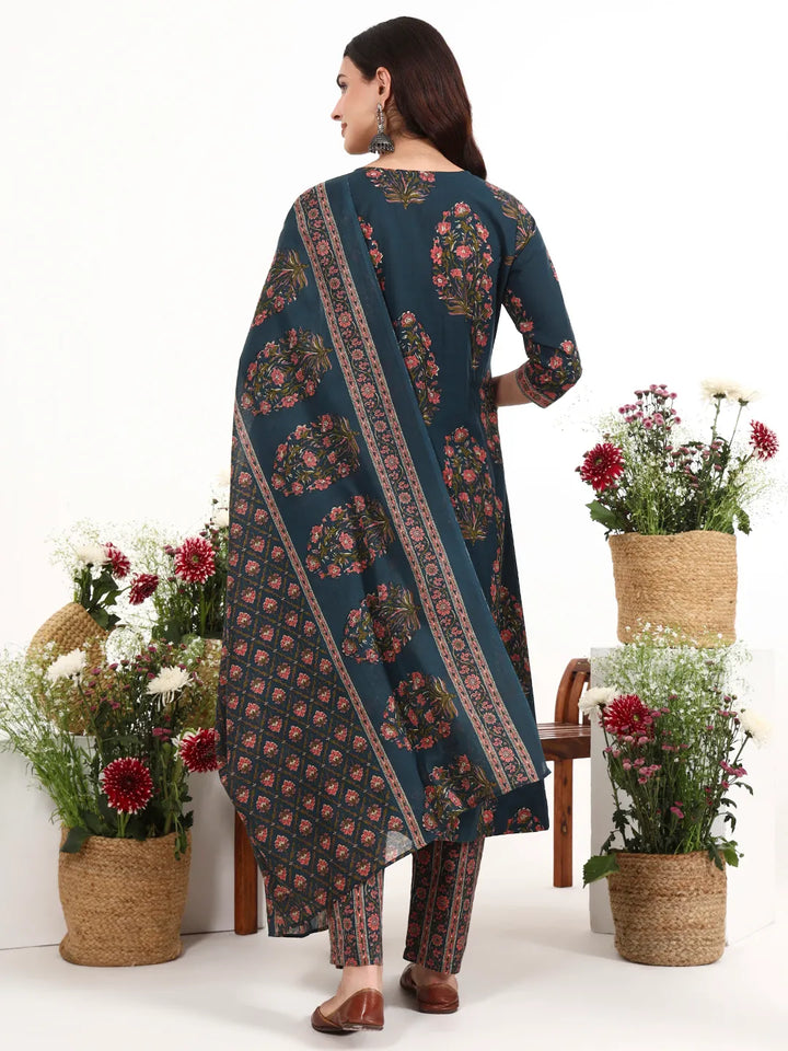 Teal Blue Cotton Kalidaar Style Kurta Pant Dupatta Set