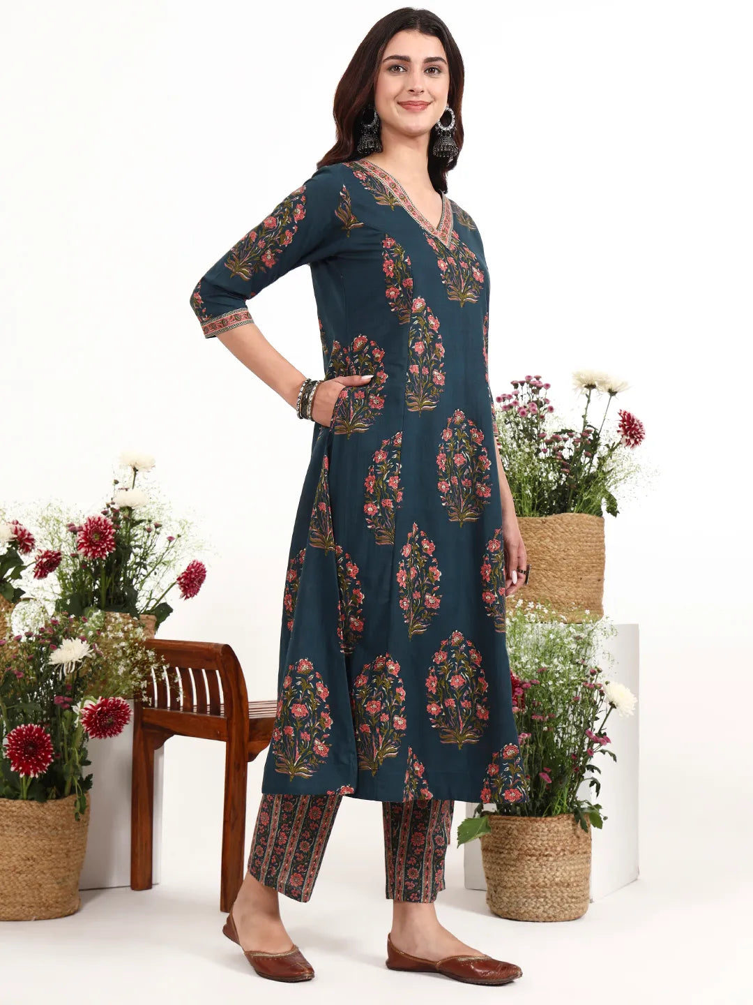 Teal Blue Cotton Kalidaar Style Kurta Pant Dupatta Set