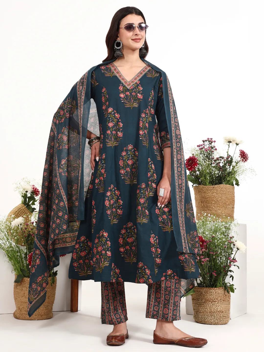 Teal Blue Cotton Kalidaar Style Kurta Pant Dupatta Set