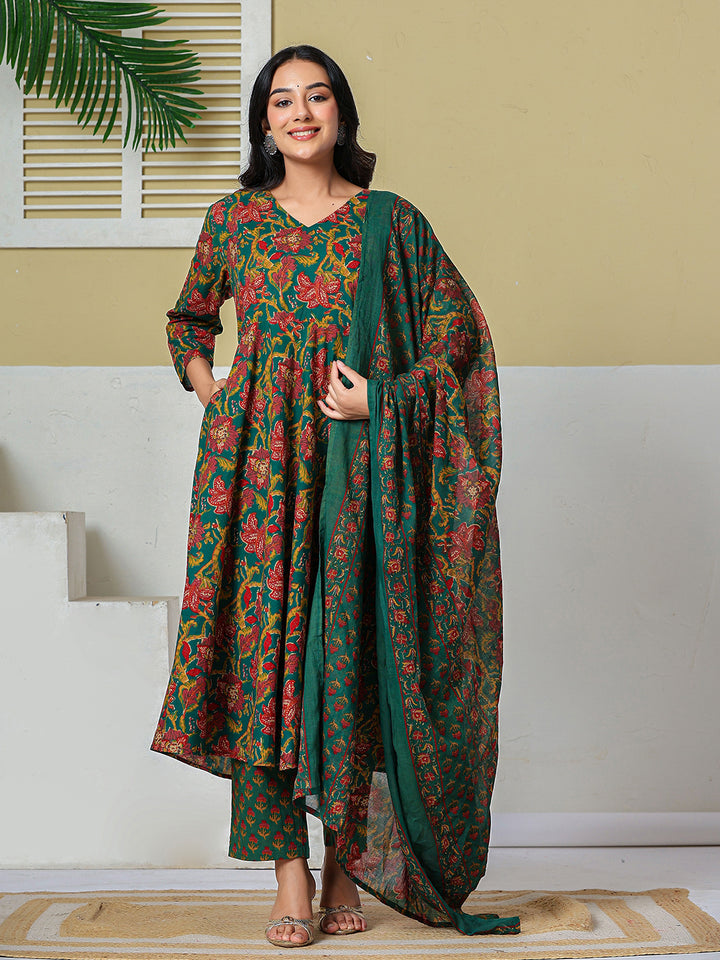 Green Anarkali Pure Cotton Floral Maternity Wear Kurta Trouser Dupatta Set