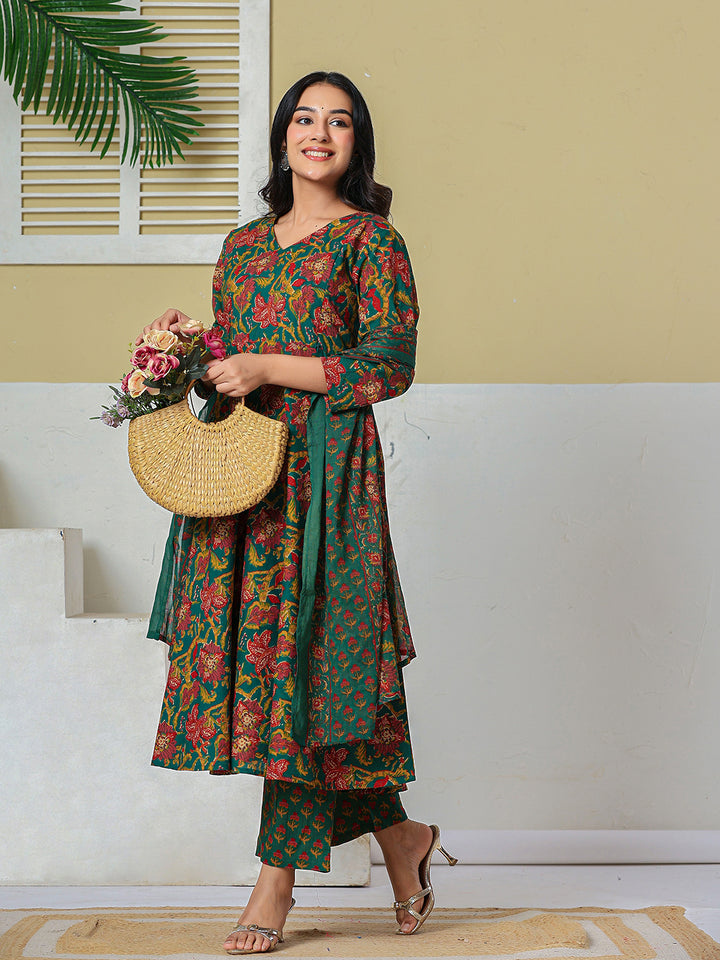 Green Anarkali Pure Cotton Floral Maternity Wear Kurta Trouser Dupatta Set