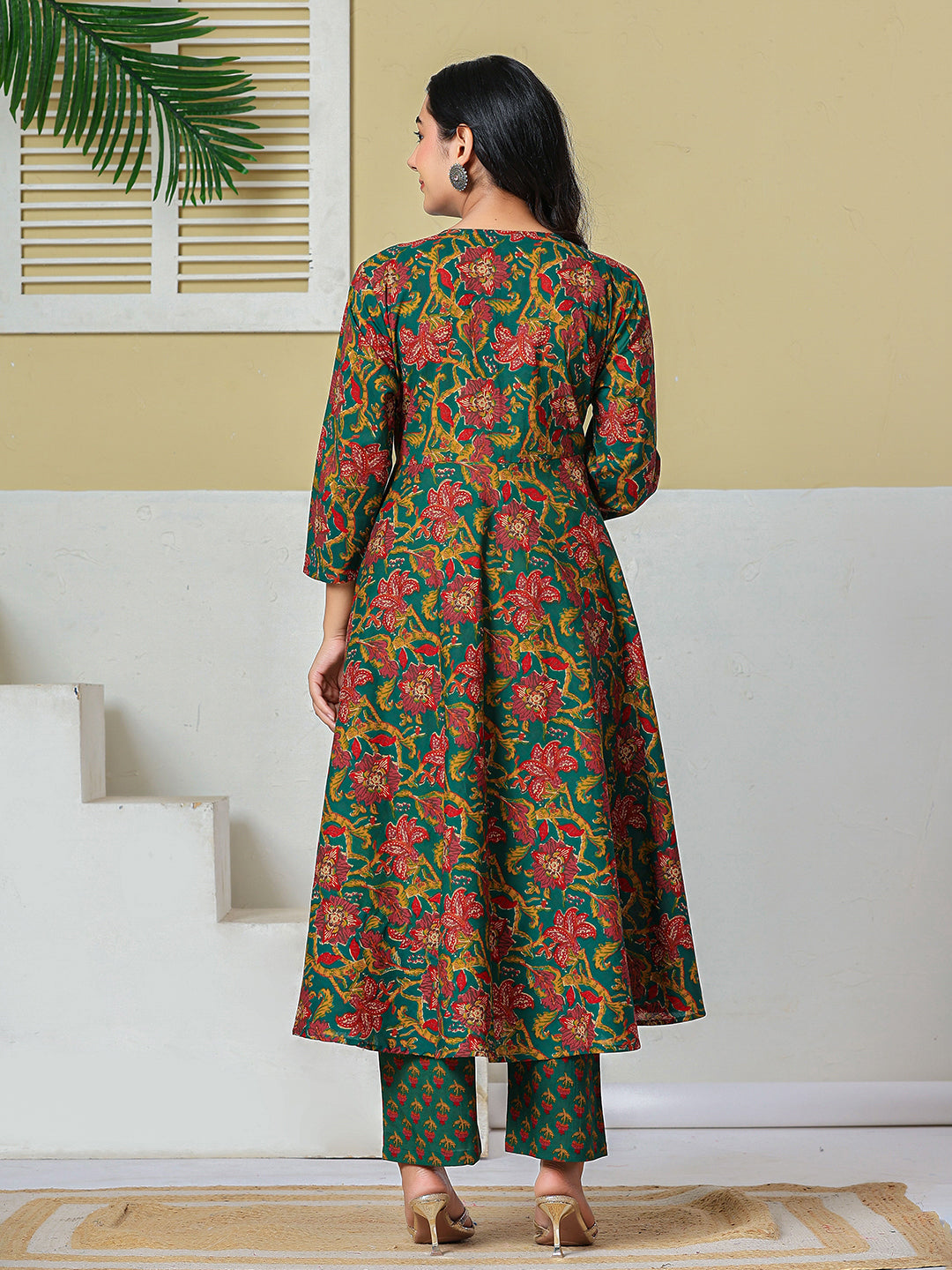 Green Anarkali Pure Cotton Floral Maternity Wear Kurta Trouser Dupatta Set