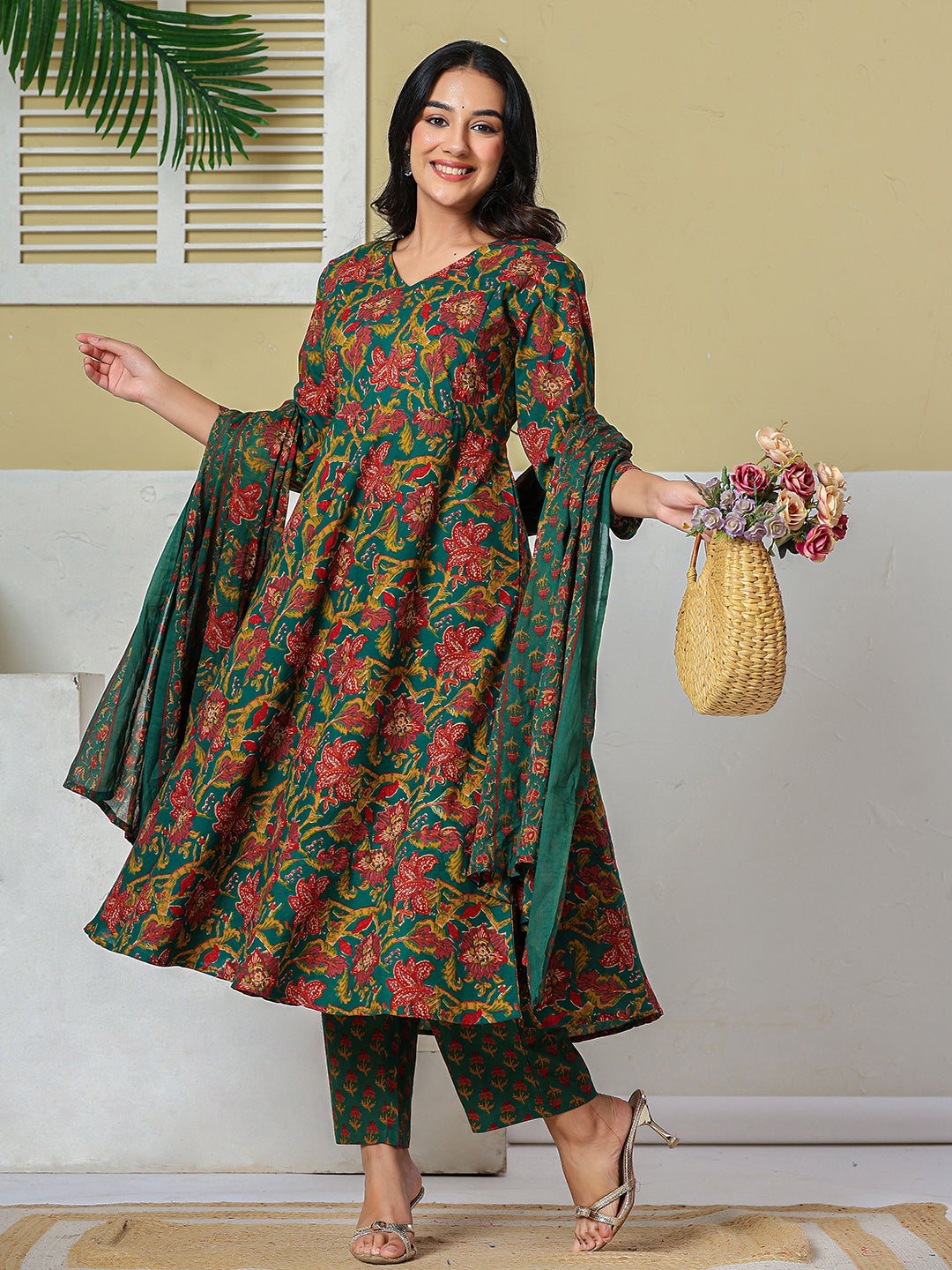 Green Anarkali Pure Cotton Floral Maternity Wear Kurta Trouser Dupatta Set