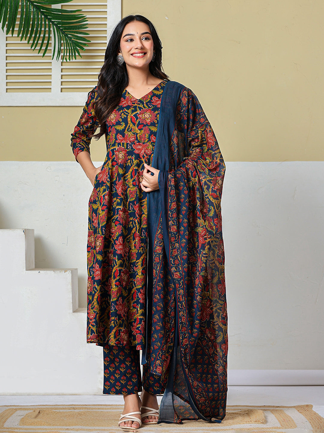 Navy Blue Anarkali Pure Cotton Floral Maternity Wear Kurta Trouser Dupatta Set