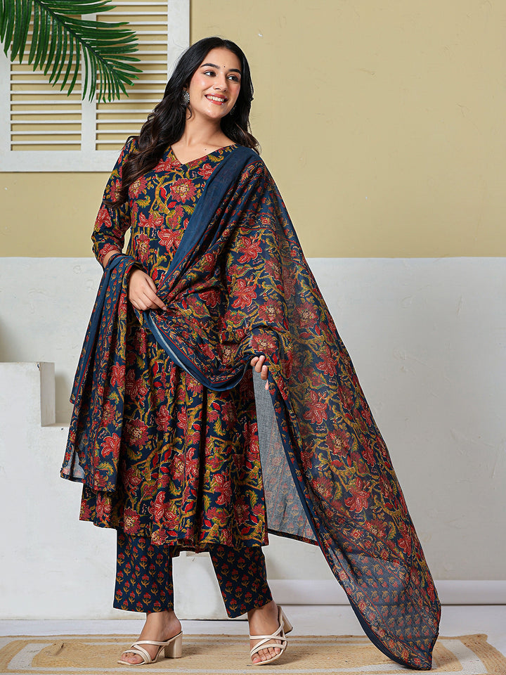 Navy Blue Anarkali Pure Cotton Floral Maternity Wear Kurta Trouser Dupatta Set