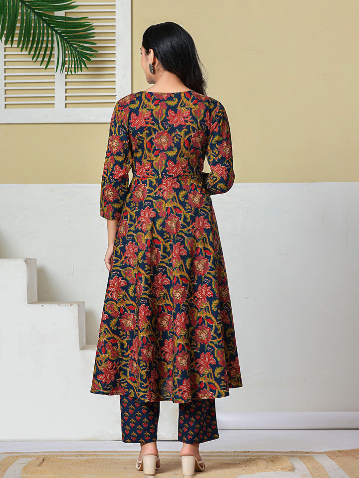 Navy Blue Anarkali Pure Cotton Floral Maternity Wear Kurta Trouser Dupatta Set