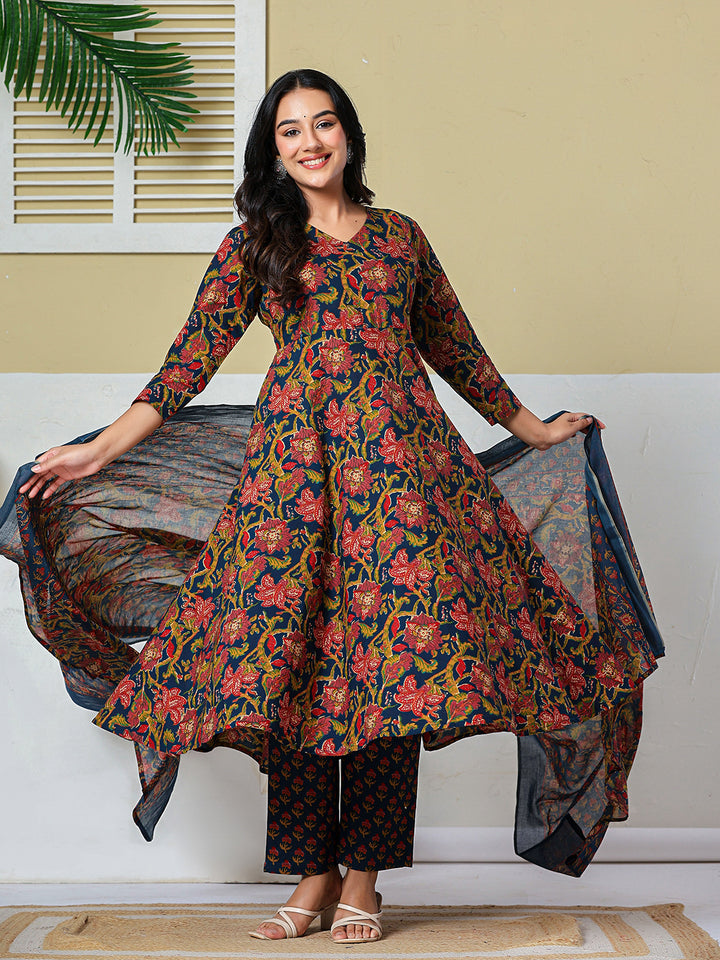 Navy Blue Anarkali Pure Cotton Floral Maternity Wear Kurta Trouser Dupatta Set