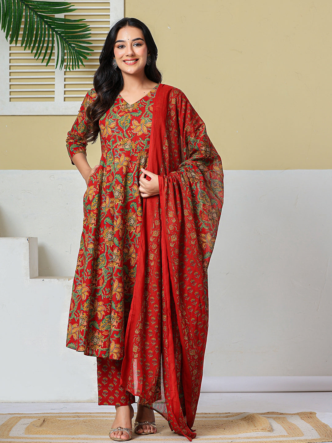 Red Anarkali Pure Cotton Floral Maternity Wear Kurta Trouser Dupatta Set
