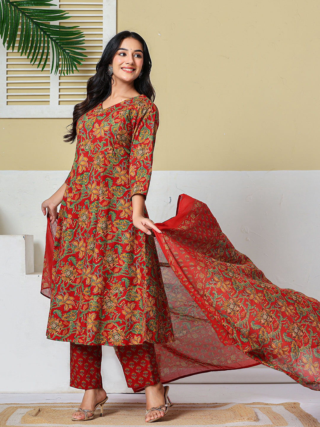 Red Anarkali Pure Cotton Floral Maternity Wear Kurta Trouser Dupatta Set