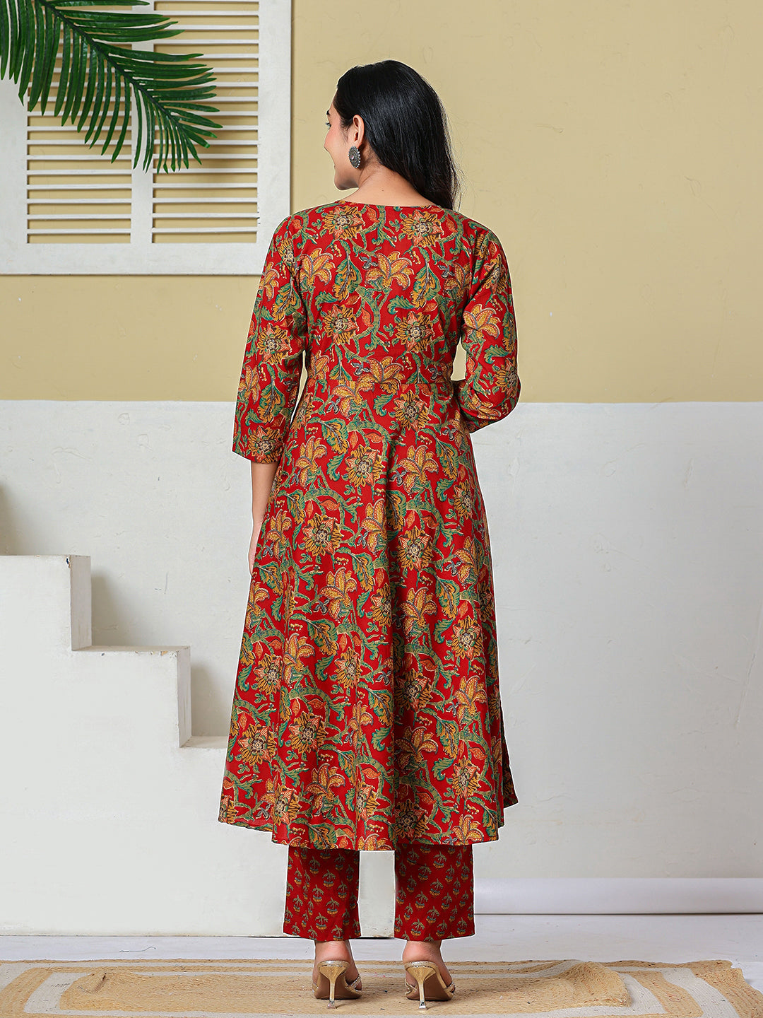 Red Anarkali Pure Cotton Floral Maternity Wear Kurta Trouser Dupatta Set