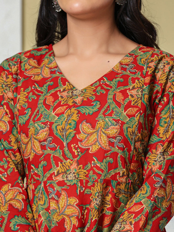 Red Anarkali Pure Cotton Floral Maternity Wear Kurta Trouser Dupatta Set