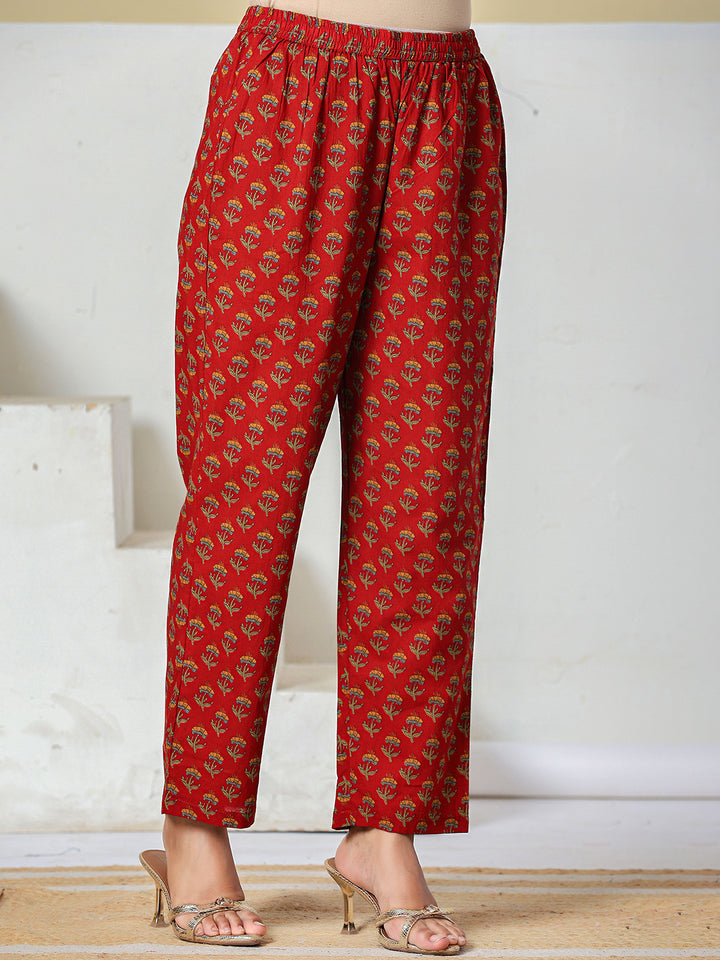 Red Anarkali Pure Cotton Floral Maternity Wear Kurta Trouser Dupatta Set
