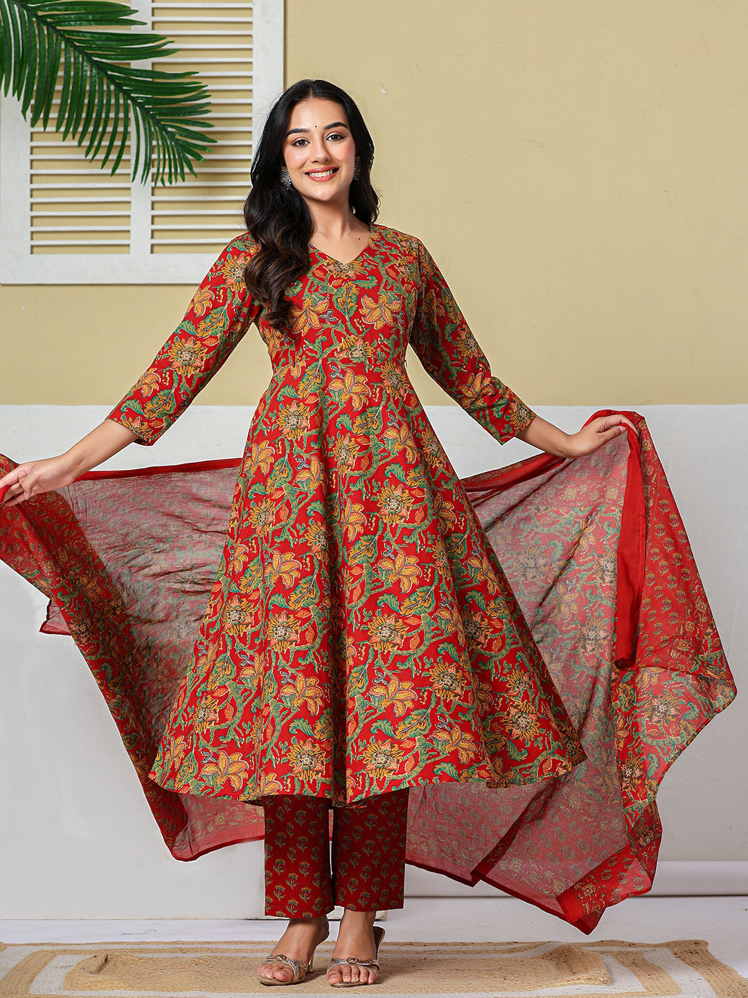 Red Anarkali Pure Cotton Floral Maternity Wear Kurta Trouser Dupatta Set