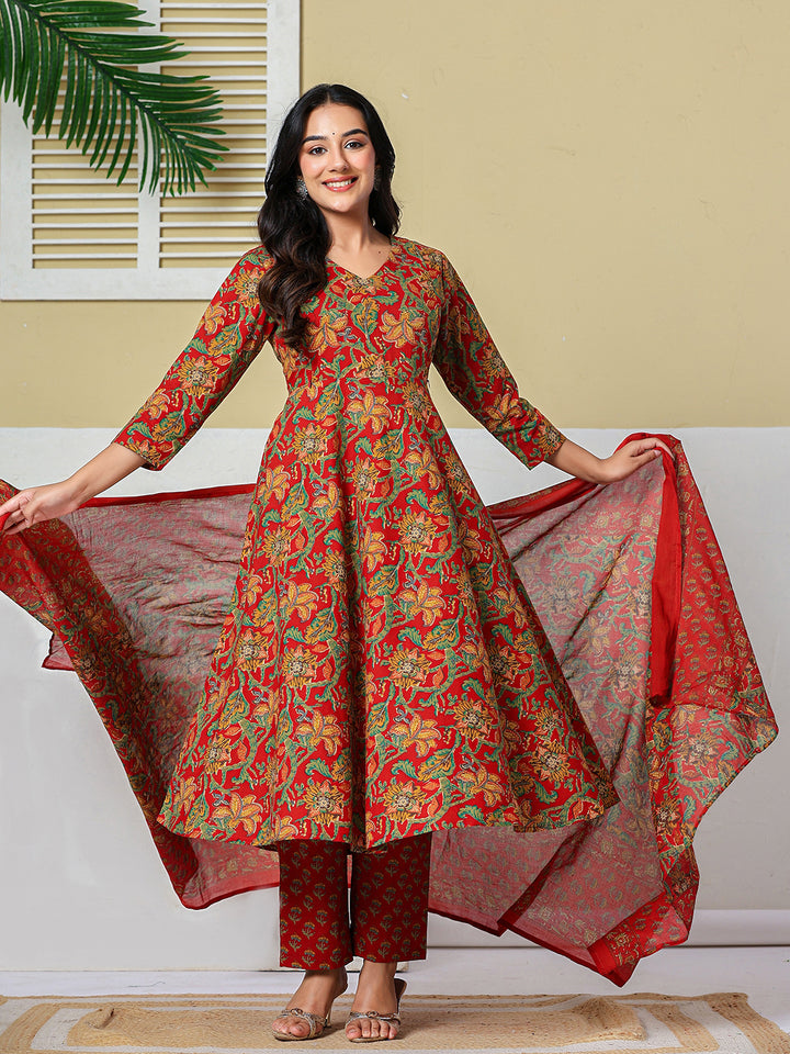 Red Anarkali Pure Cotton Floral Maternity Wear Kurta Trouser Dupatta Set