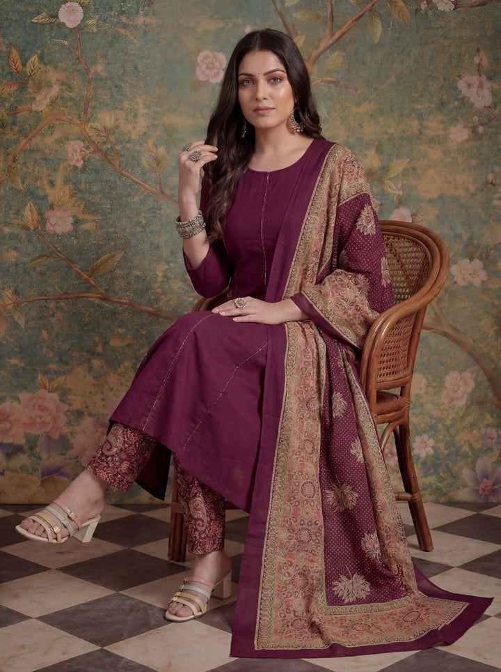Burgundy Cotton A-Line Patch Work Pluse Size Kurta Pant Dupatta Set