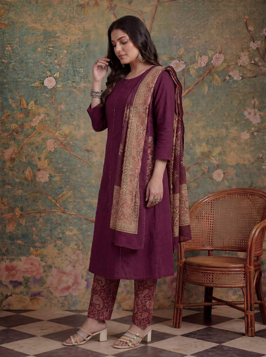 Burgundy Cotton A-Line Patch Work Pluse Size Kurta Pant Dupatta Set