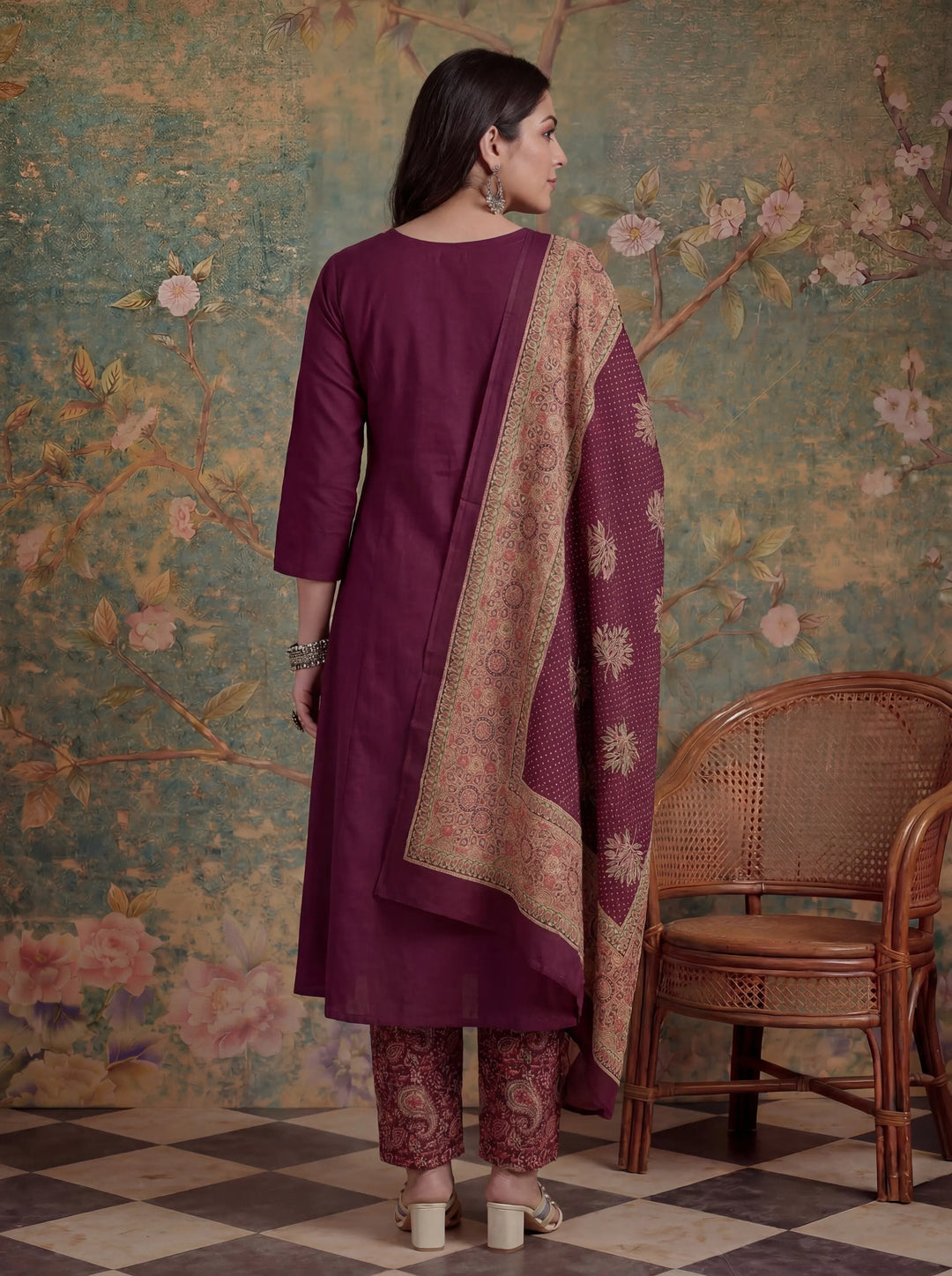 Burgundy Cotton A-Line Patch Work Pluse Size Kurta Pant Dupatta Set