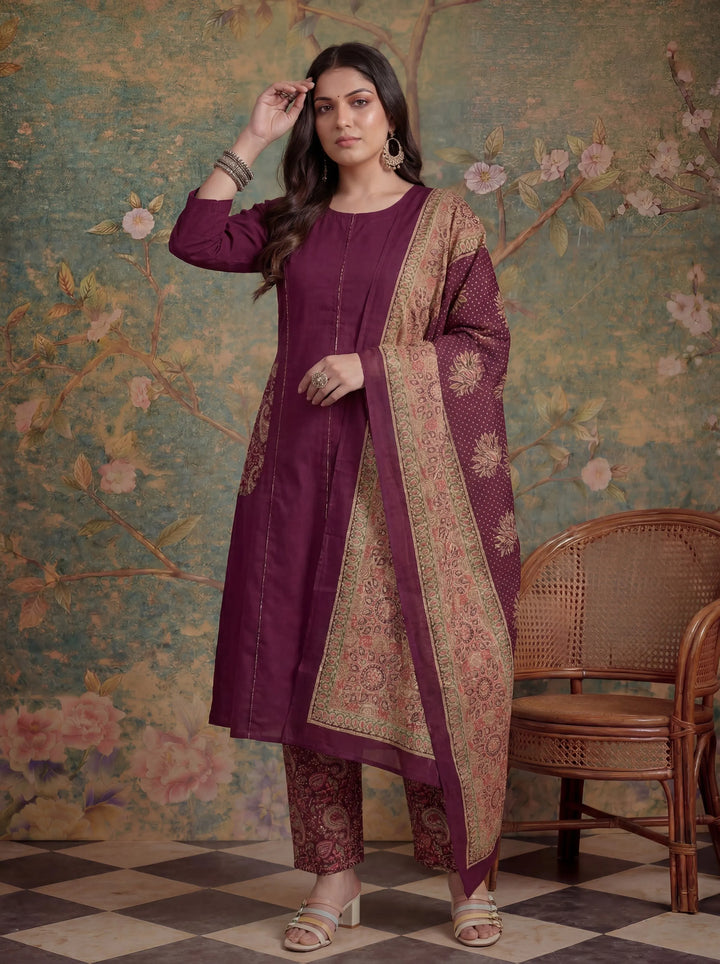 Burgundy Cotton A-Line Patch Work Pluse Size Kurta Pant Dupatta Set