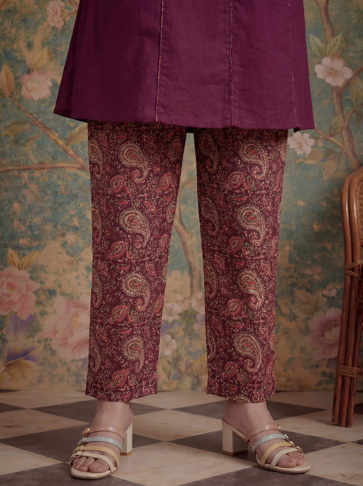 Burgundy Cotton A-Line Patch Work Pluse Size Kurta Pant Dupatta Set