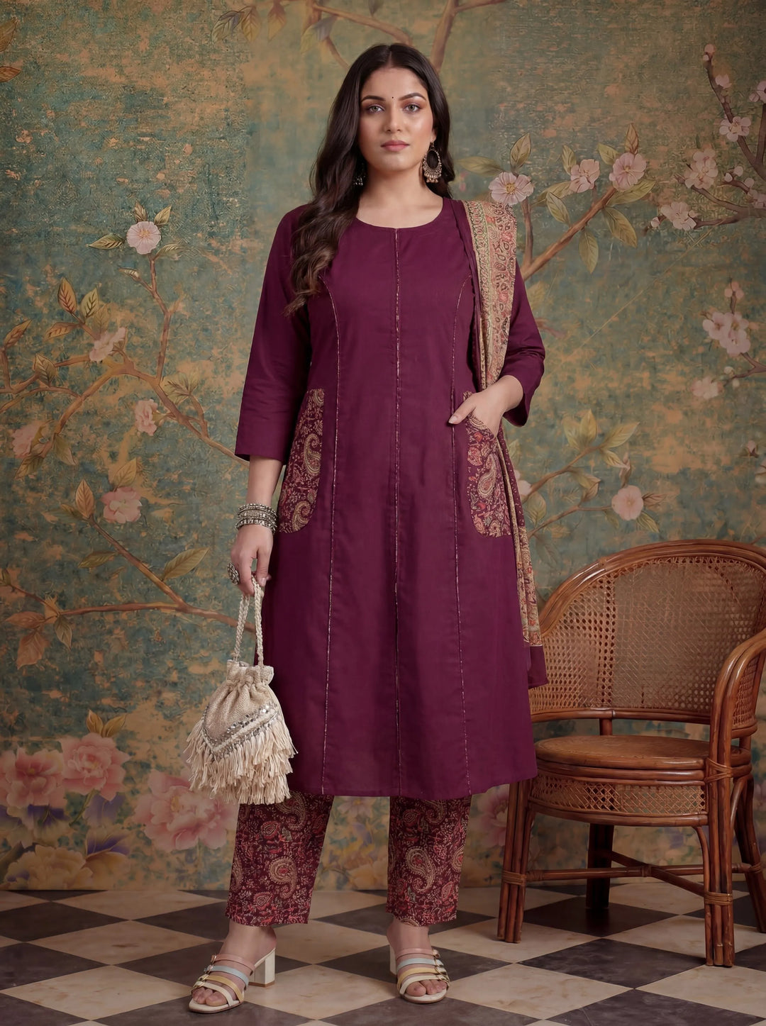 Burgundy Cotton A-Line Patch Work Pluse Size Kurta Pant Dupatta Set