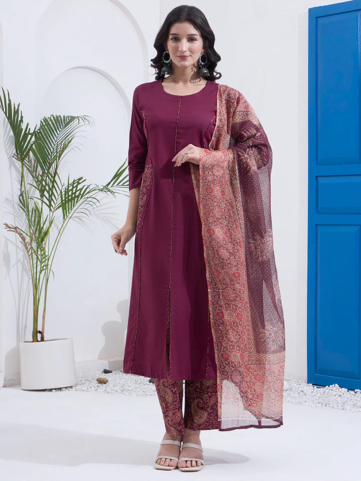 Burgundy Cotton A Line Patch Work Kurta Pant Dupatta Set