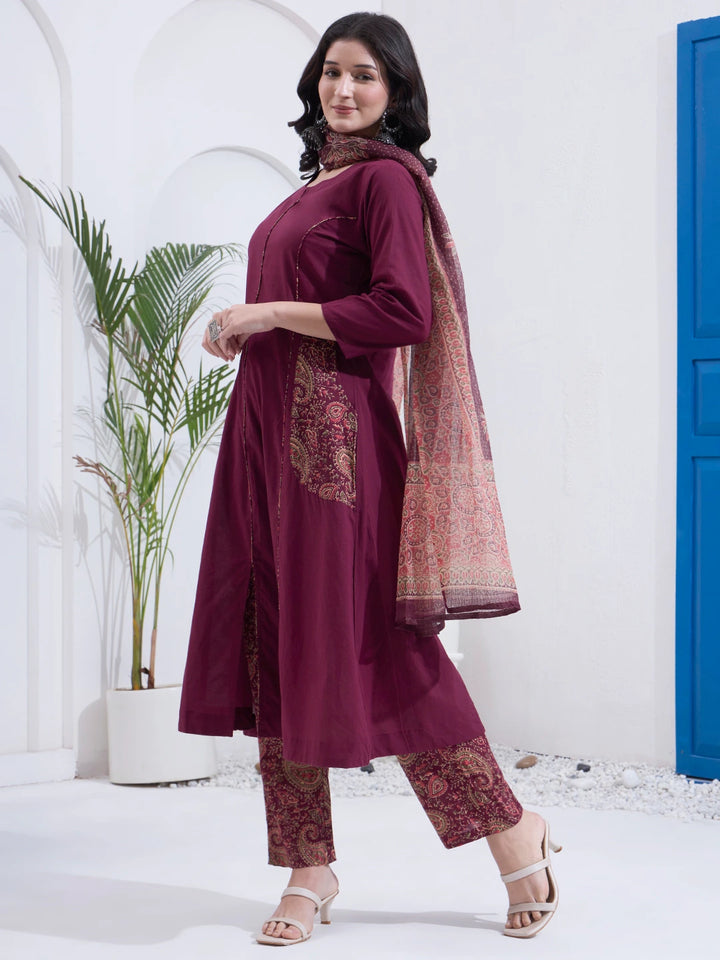 Burgundy Cotton A Line Patch Work Kurta Pant Dupatta Set