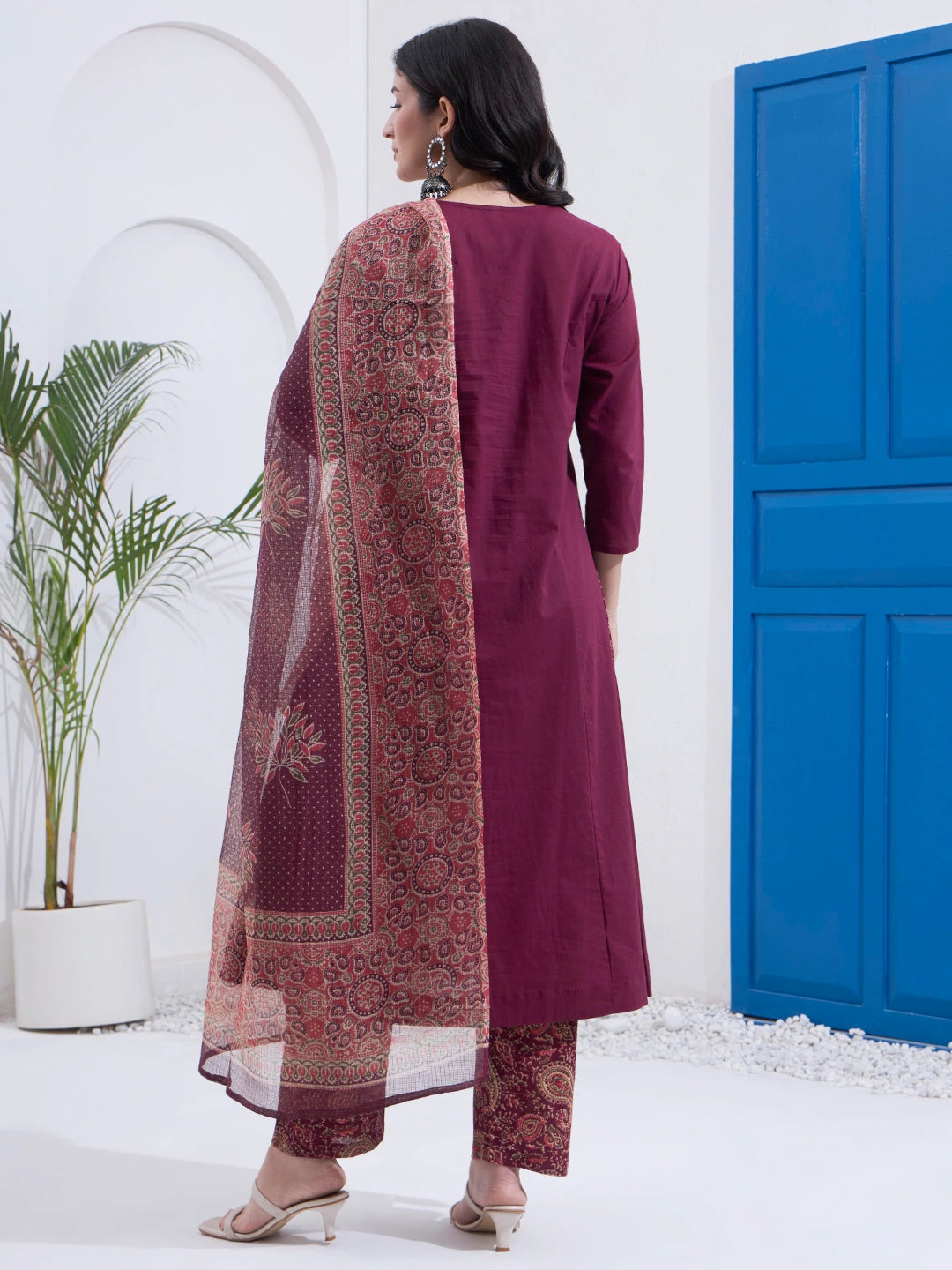 Burgundy Cotton A Line Patch Work Kurta Pant Dupatta Set