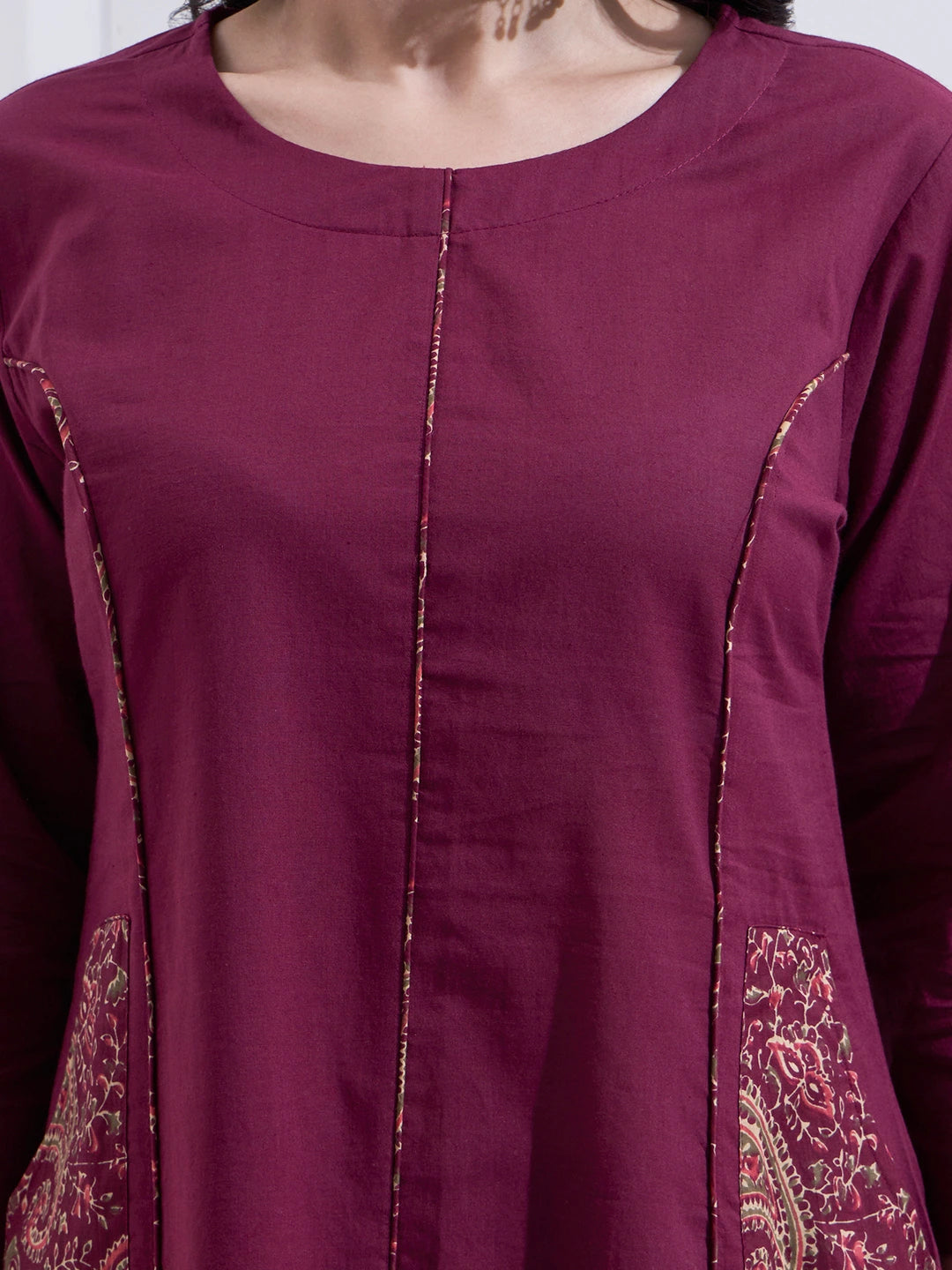 Burgundy Cotton A Line Patch Work Kurta Pant Dupatta Set