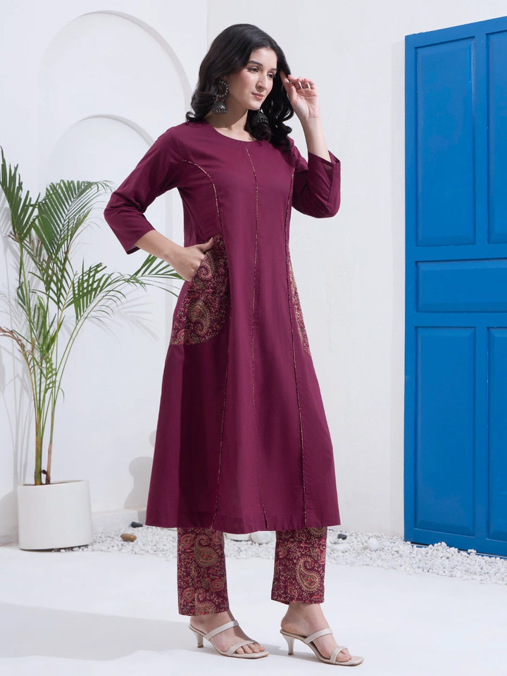 Burgundy Cotton A Line Patch Work Kurta Pant Dupatta Set