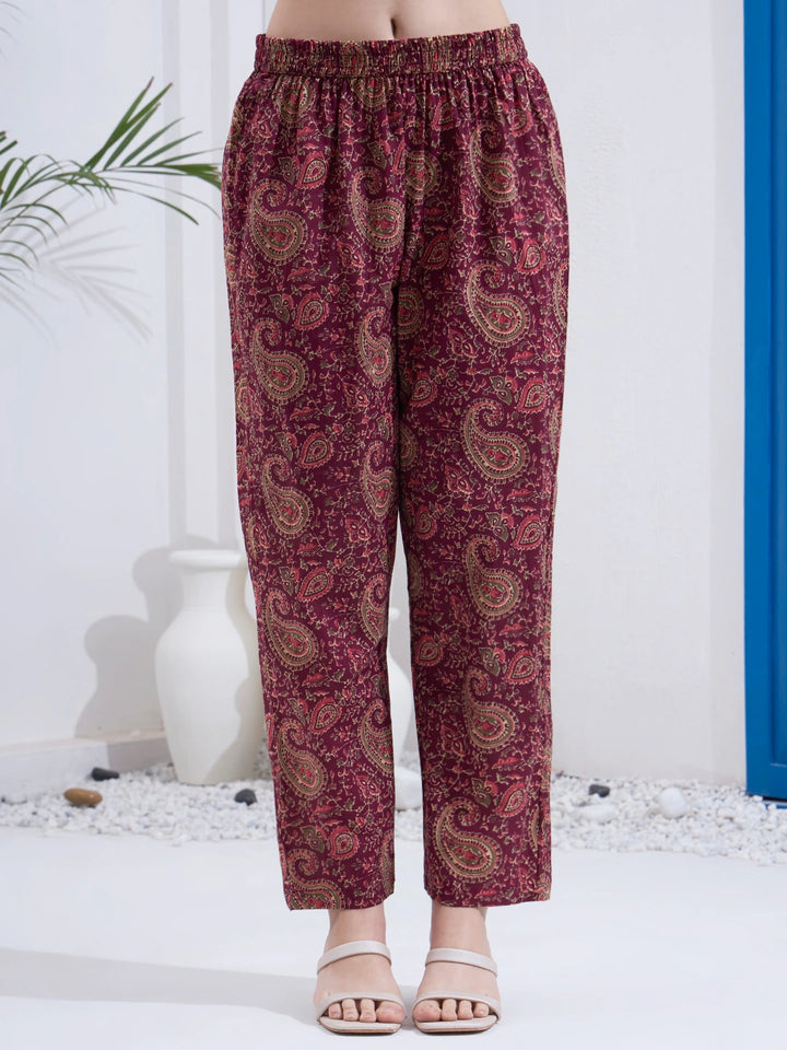 Burgundy Cotton A Line Patch Work Kurta Pant Dupatta Set